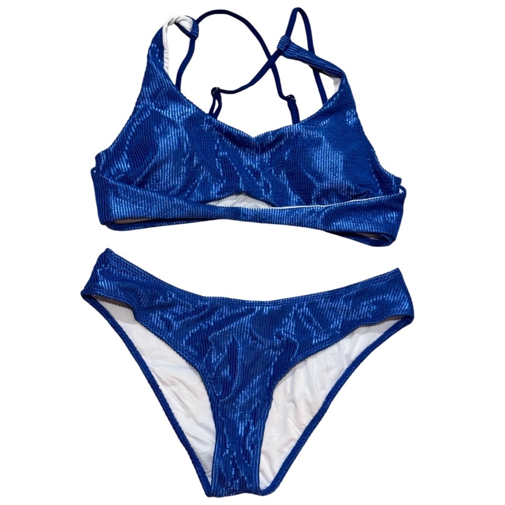 Cupshe Bikini Set Women Large Blue NEW Metallic Cutout Ribbed Two Piece